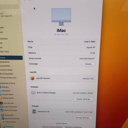 2021 Apple iMac 24" M1 8 Core 3.2GHz 8GB RAM 256GB SSD Silver FGPK3LL/A
